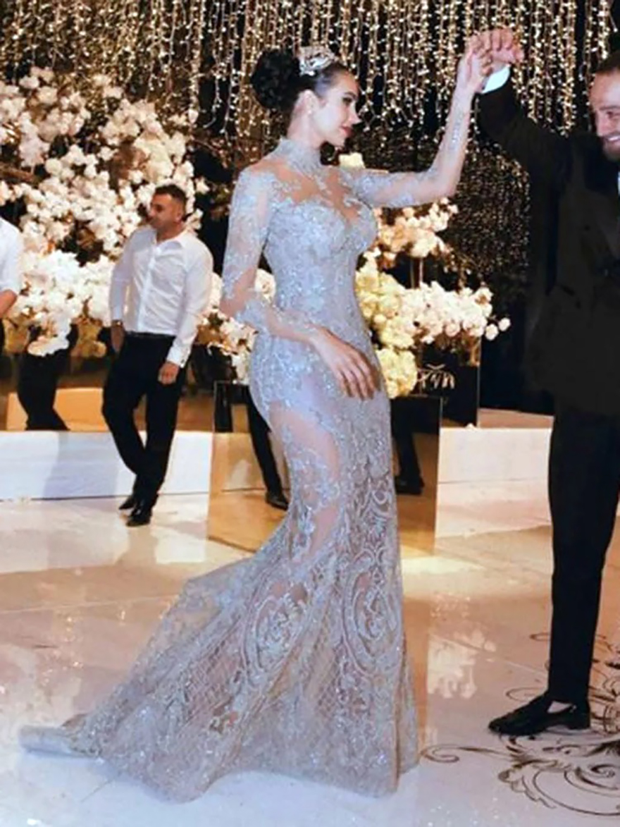 Luxury Crystal Beaded Mermaid Wedding Dresses With Detachable Train High Neck Transparent Long Sleeve Lace Bridal Gowns