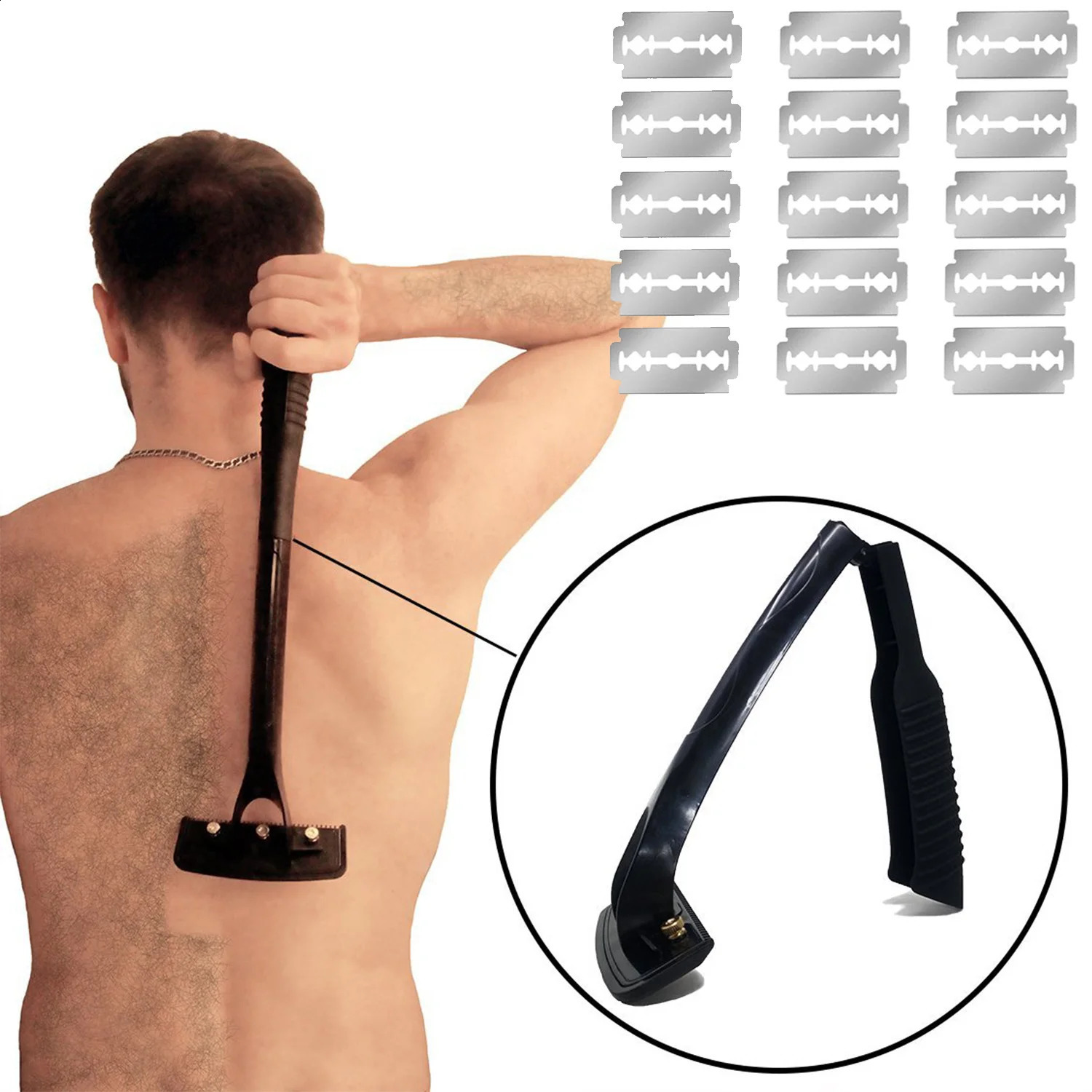 Back Shavers for Men Back Hair Remover Body Shaver Long Handle Body Hair Trimmer Razor 15 Blades Manual Foldable Razor 241230