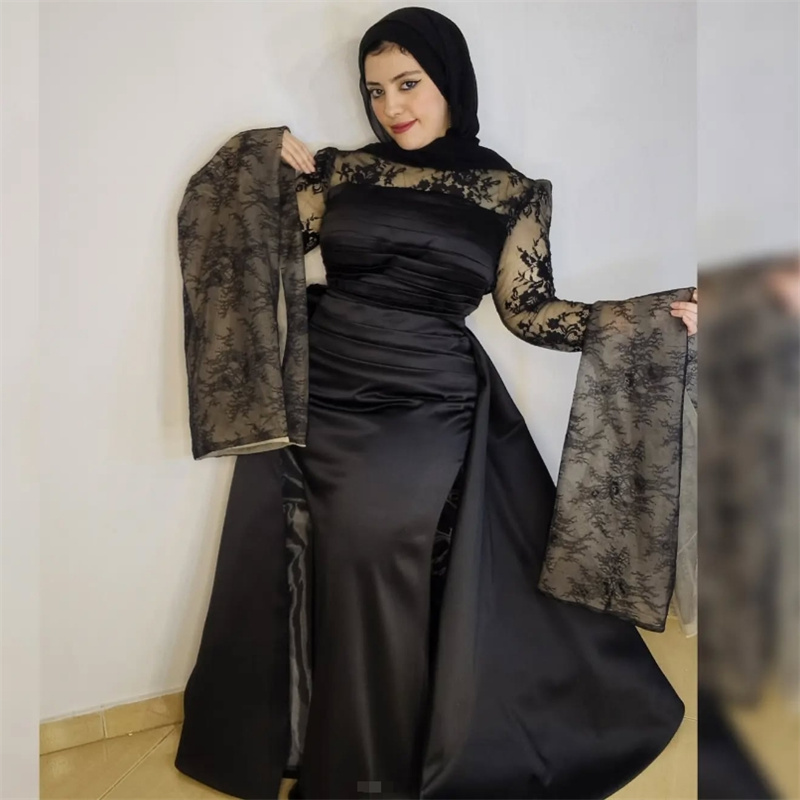 Luxury Saudi Arabic Evening Dress With Detachable Train 2 In 1 Black Mermaid Dubai Abaya Prom Dress Muslim Formal Tunisian Moroccan Dubai Turkey Maroc