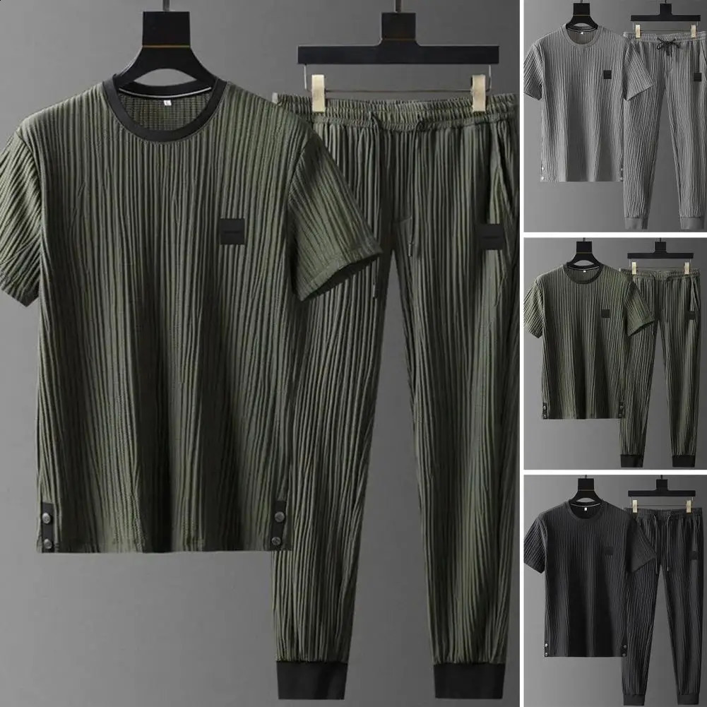 Men Outfit Sports Suit Mens Summer Pleated Shirt Pants Twopiece Set Breathable Tracksuit for Daily Wear Soft Thin Casual 241223