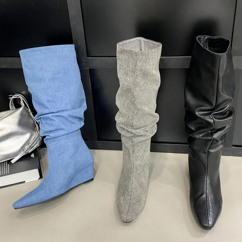 Eilyken Winter DENIM Pleated Pointed Toe Women Knee-High Boots Fashion Wedges High Heels Female Shoes 241231