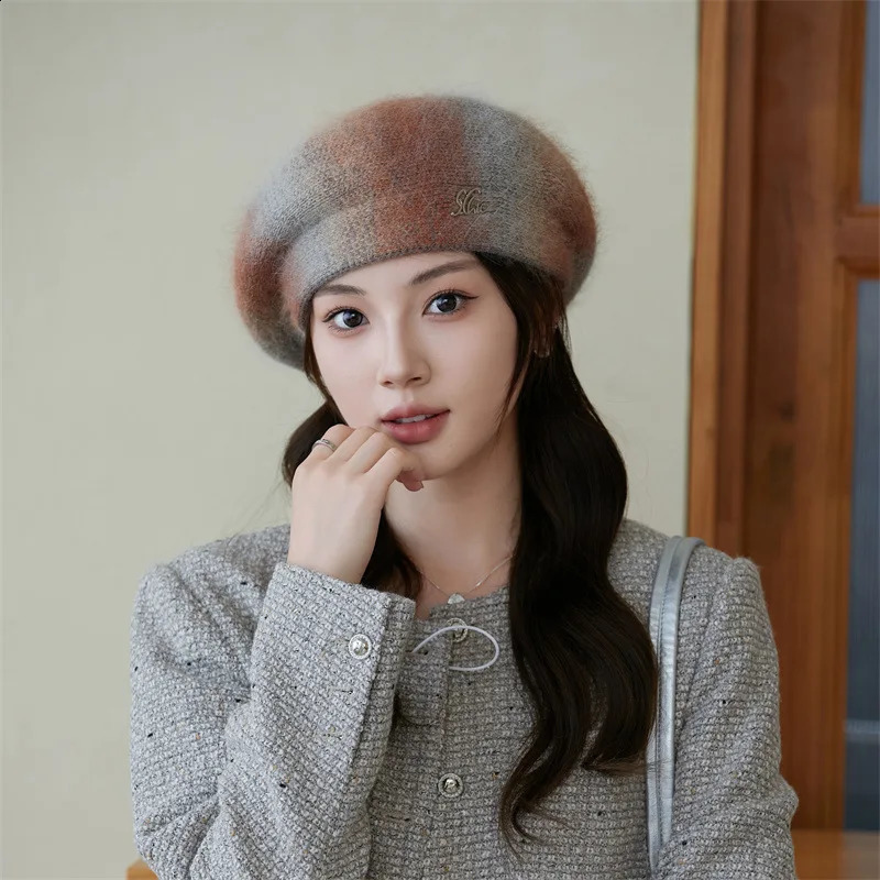 Rabbit hair knitted Thick Berets Autumn Winter Warm Hat Artist Beret Women Painter Hat Girls Female Walking Cap Vintage Casual 241226