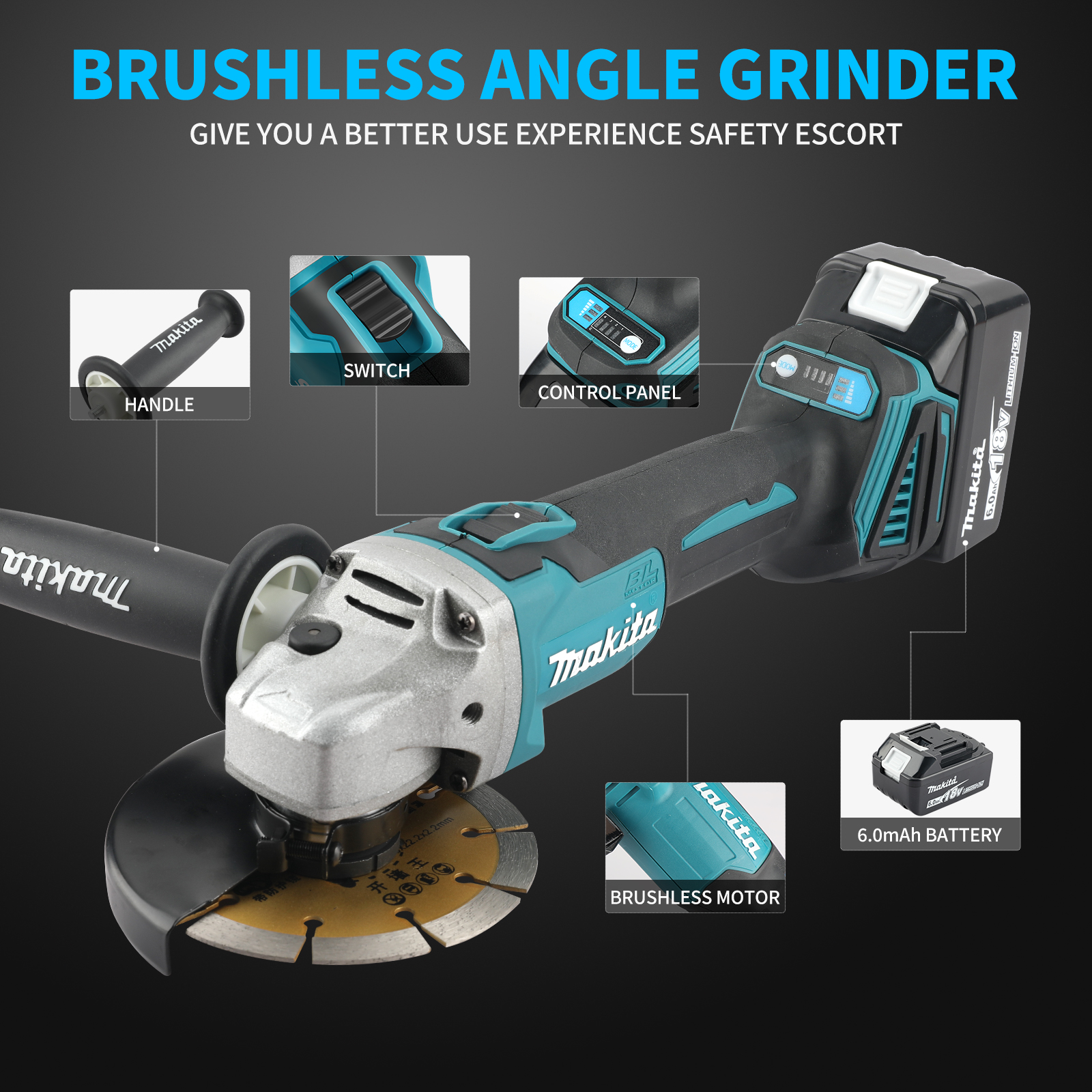 Makita DGA404 Cordless Angle Grinder - 18V Power with 125mm Disc Size for Versatile Cutting Applications