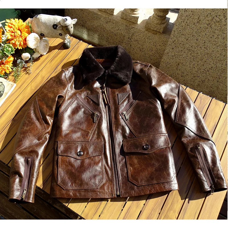 CC Shop .Retro Brown navy thick winter warm leather outwear.Men vintage tanned cowhide jacket.plus size thick leather coat 241230