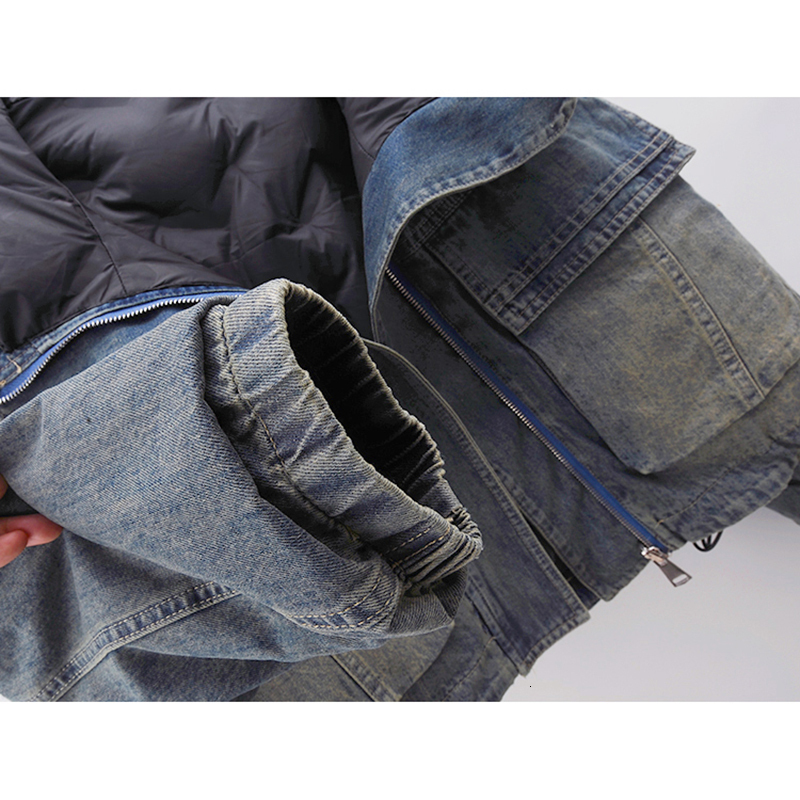 Winter Down Cotton Denim Women Cowboy Outerwear Loose Short Vintage Blue Hooded Big Pocket Jeans Jacket Coat Female