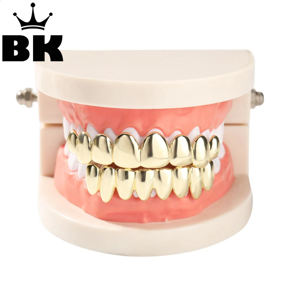 THE BLING KING 14K Gold Plated Polished Set Top Bottom 8 Teeth Halloween Mouth Copper Caps For Hip Hop Party Performance 241226