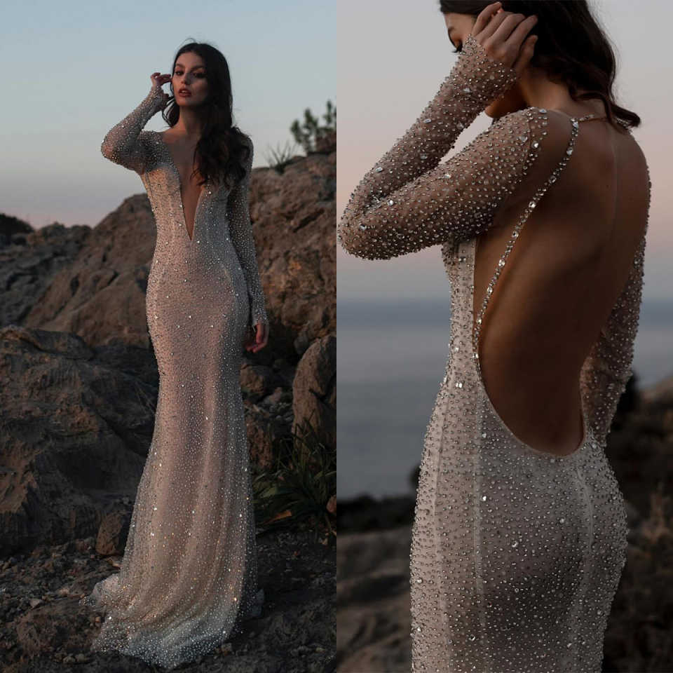 Sexy Mermaid Evening Dress Beaded Crystal Deep V Neck Prom Gowns Lace Long Sleeve Sweep Train Formal Dresses Customized
