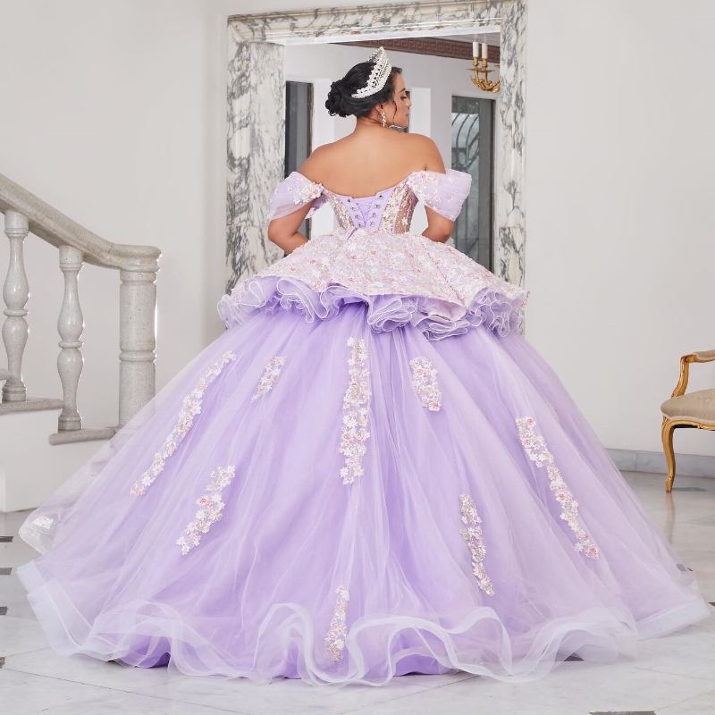 Lilac Quinceanera Dresses Ball Gown Off The Shoulder Applique Lace Beading Tull With Cape Party Birthday Sweet 16 Vestido De 15 Anos