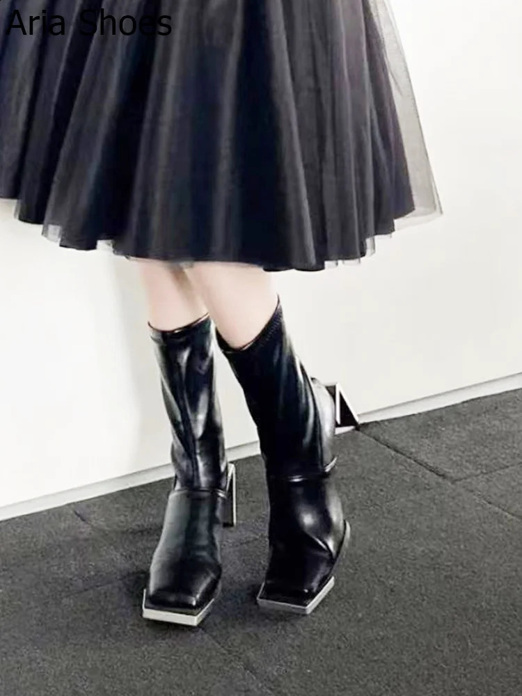 Women Boots Metal Square Toe Square Heel Novelty Fashion Ankle Boots Black Genuine Leather Mid-Calf Boots Winter Shoes 241231