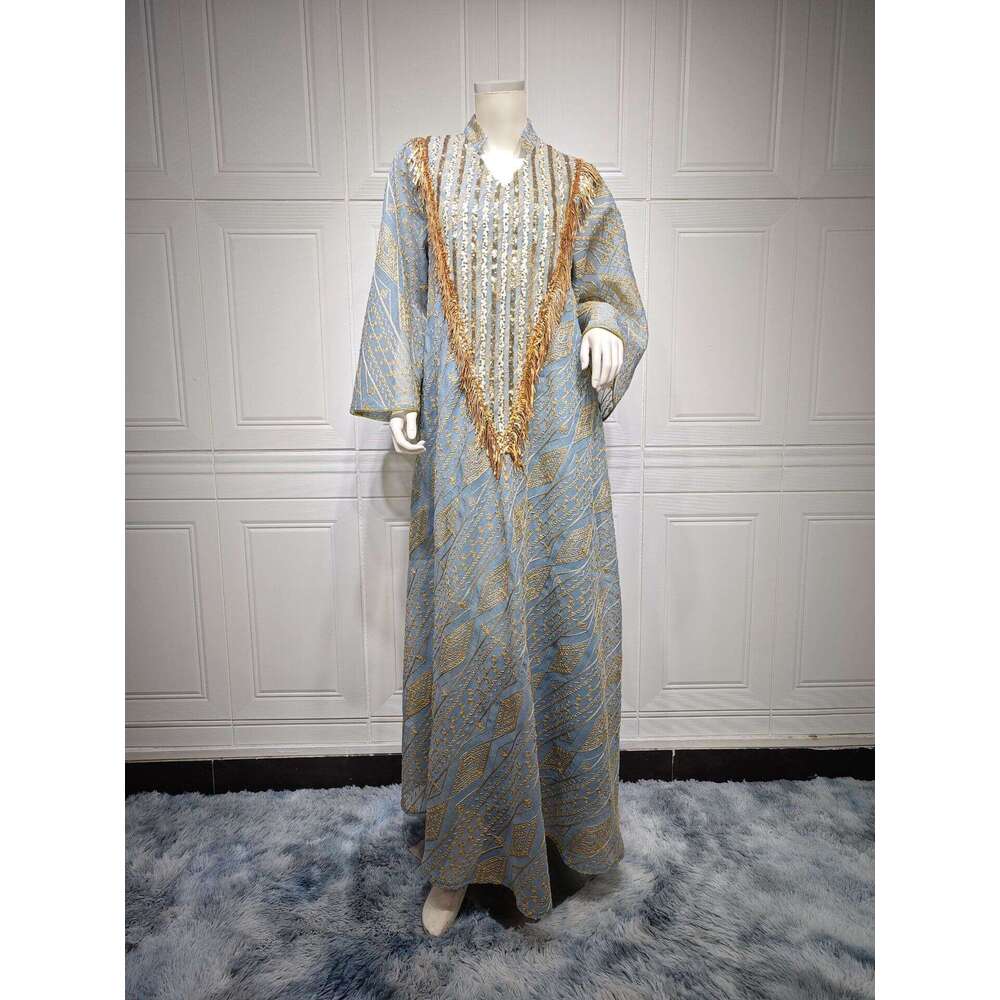 Muslim Evening Arab Dubai Dress Mesh Embroidered Sequined Robe Women's Wear