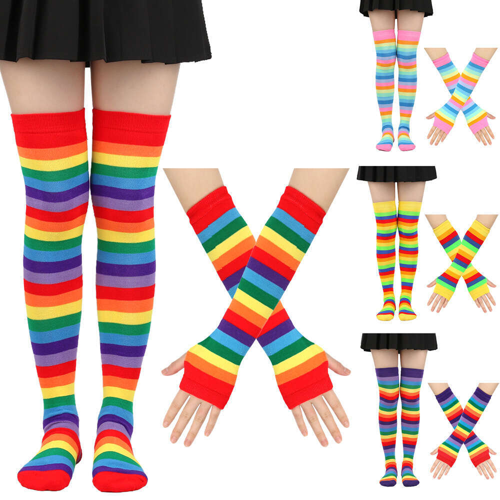 Over Knee Women's Party Rainbow Stockings Gloves Colorful Striped Socks