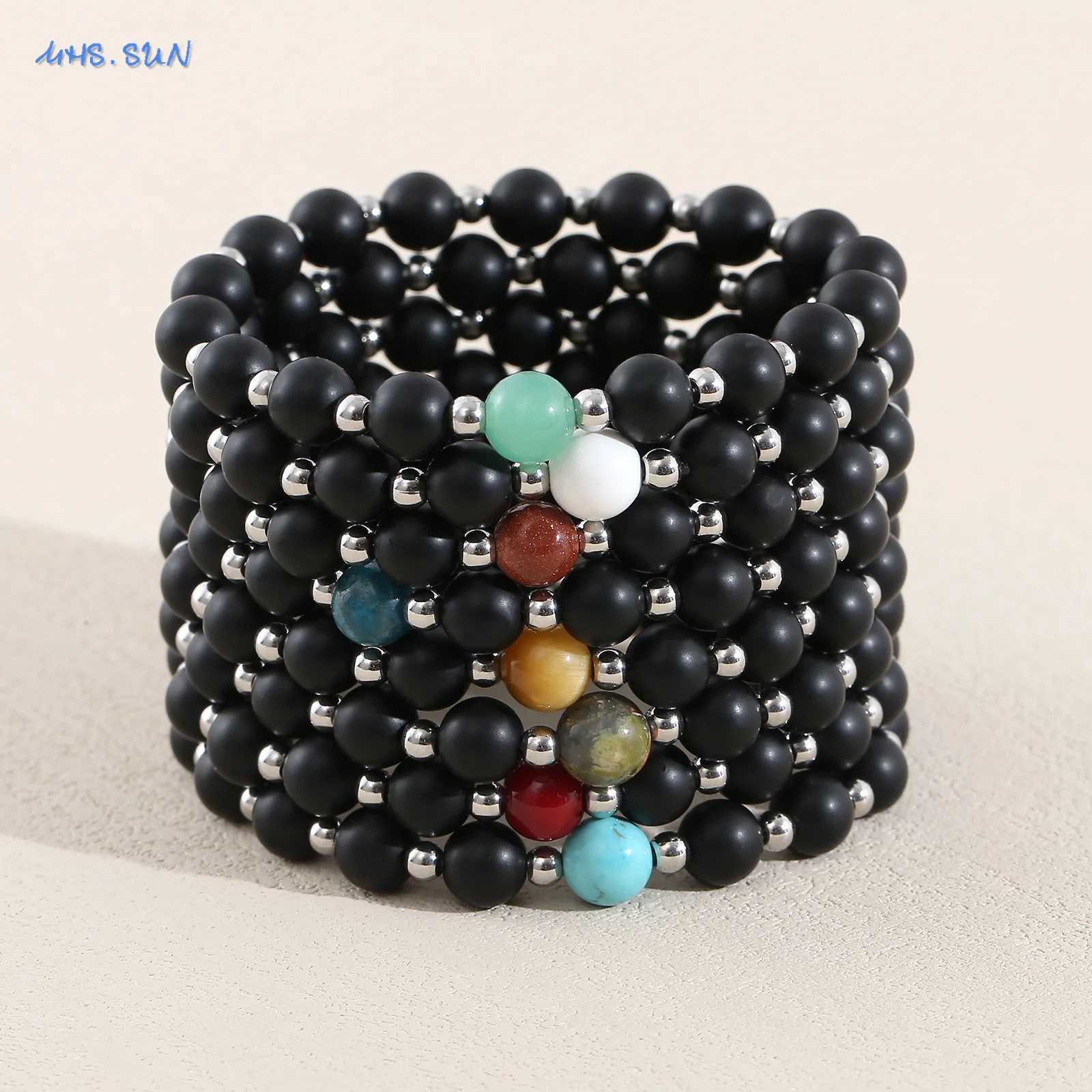 MHS. Sun Natural Stone frosted black glass elastic bead bracelet suitable for women men steel Accor yoga perseverance jewelry gifts W241231