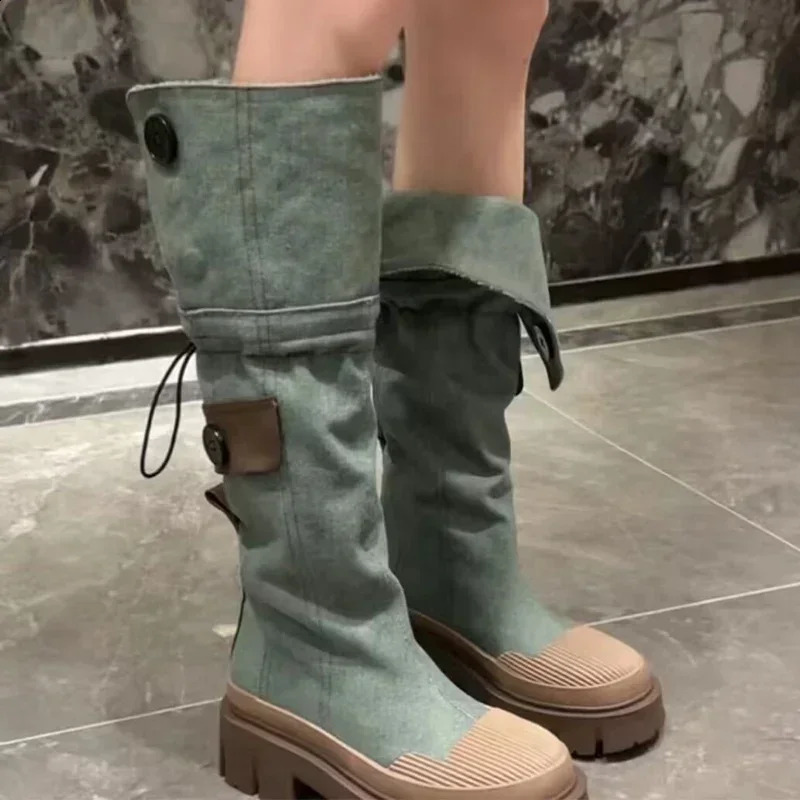 Denim Chelsea Knee High Boots Women Platform Shoe Winter Flats Shoes Goth Motorcycle Boots Casual Shoes Botas 241231