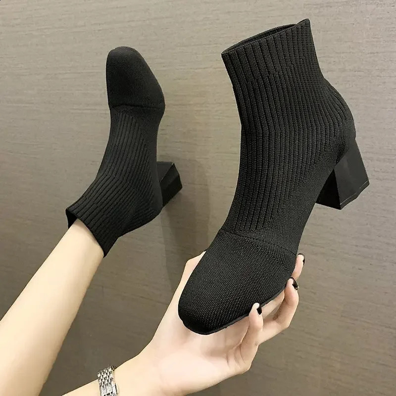 Womens Boots Spring Autumn and Winter Korean Edition Square Head Sleeve Womens Thick Heel Knitted Fashion Boots 241231