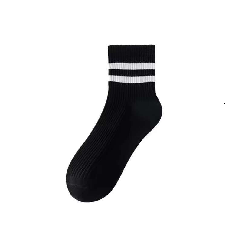 Socks For Children In Summer, Thin Polyester Cotton, Black And Vertical Two Bars, Tube, White Stripes, Paired With Shark Pants, Middle Tube Socks