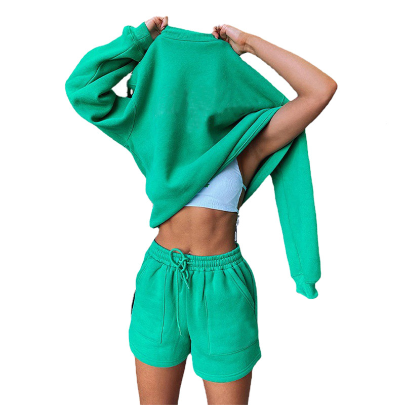 New Solid Color Women's Crewneck Sweatshirt Two-Piece Set With Casual Sports Shorts - Perfect For A Workout