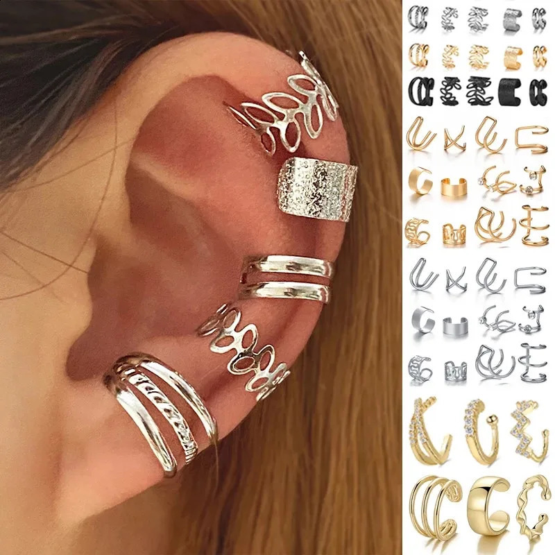 KOTiK 2024 Gold Silver Color Leaves Clip Earrings for Women Fashion Ear Cuff NonPiercing Set Trend Jewelry Gift 241225