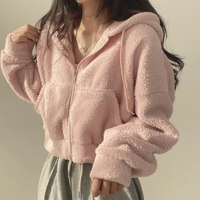 Solid Lamb Wool Thick Sweatshirts Outerwear Y2k Short Zip-Up Hooded Sweatshirt Women Fleece Sudaderas Casual High Waist Hoodies 241224