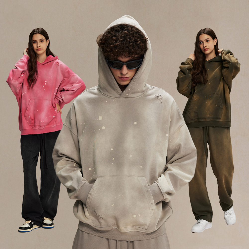 Spray-Stained Ink Holes Worn Men Women Hoodie Couples Hooded