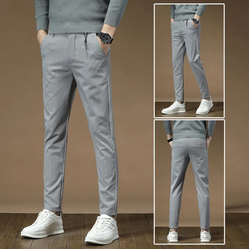 Male Business AnkleLength Straight Pencil Slacks N Leg Cropped Trouser Men Black Gray Striped Slim Fit Cool Pants 241230