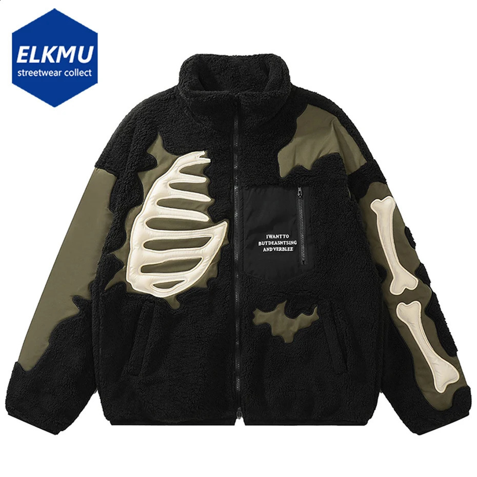Hip Hop Fleece Fuzzy Jacket Embroidery Skull Skeleton Bones Patch Lambswool Fuzzy Fluffy Coats Harajuku Thick Warm Jackets 241225