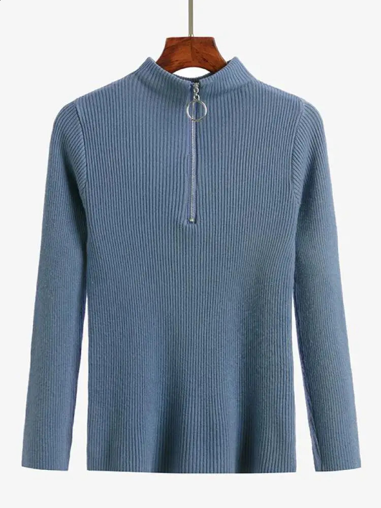 Women Fashion Solid Knitted Sweaters Vintage Long Sleeve Zipup Basic Half Turtleneck Sweater Female Pullovers Chic Casual Tops 241230