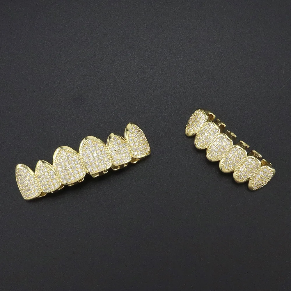1set Hip Hop Teeth Gold Plated Dental Grills Rock Tooth Caps Crystal Teeth Caps Halloween Tooth 241226