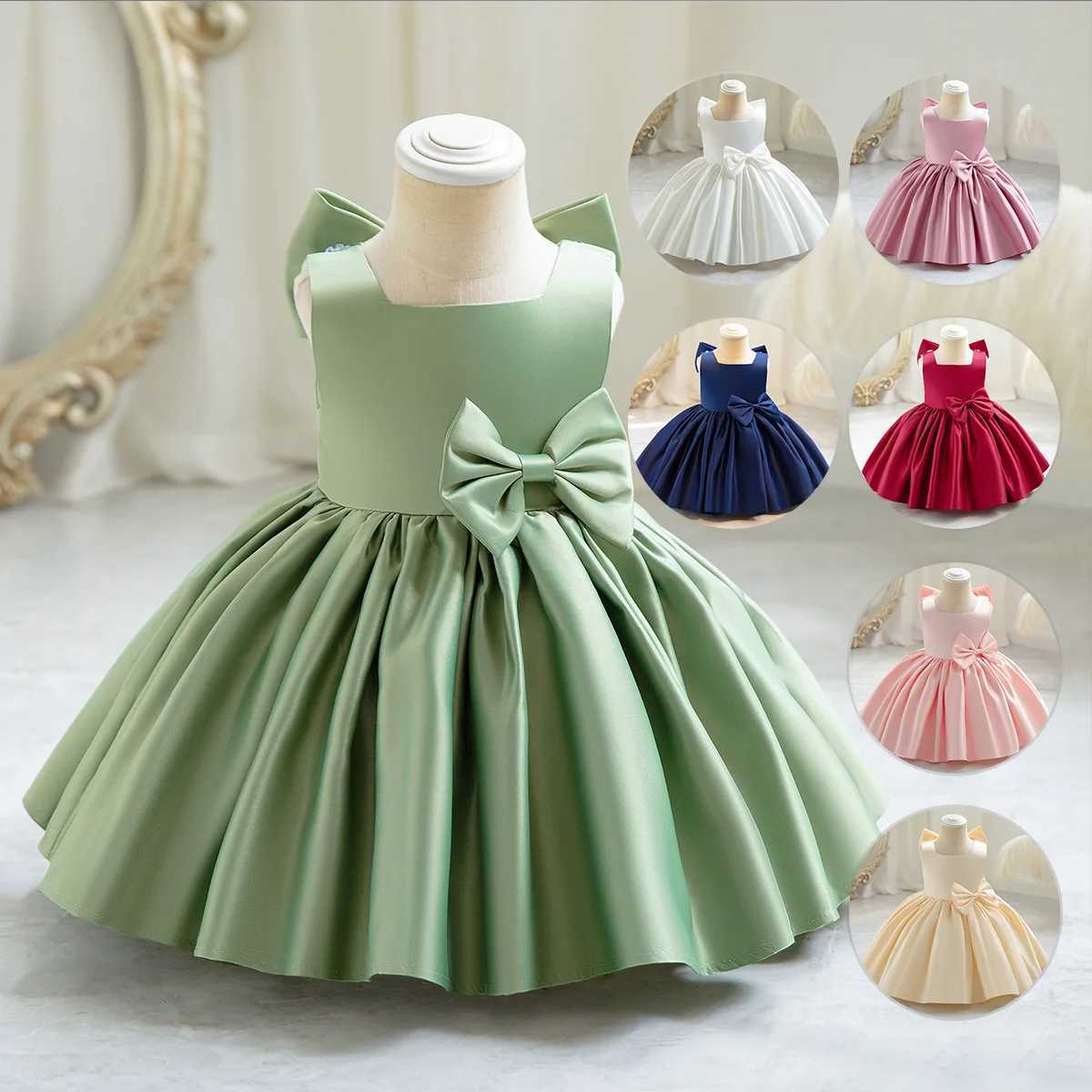 Bow Girl Par Dress Knee Length Princess Par Dress Childrens Clothing Elegant Evening Dress W241231