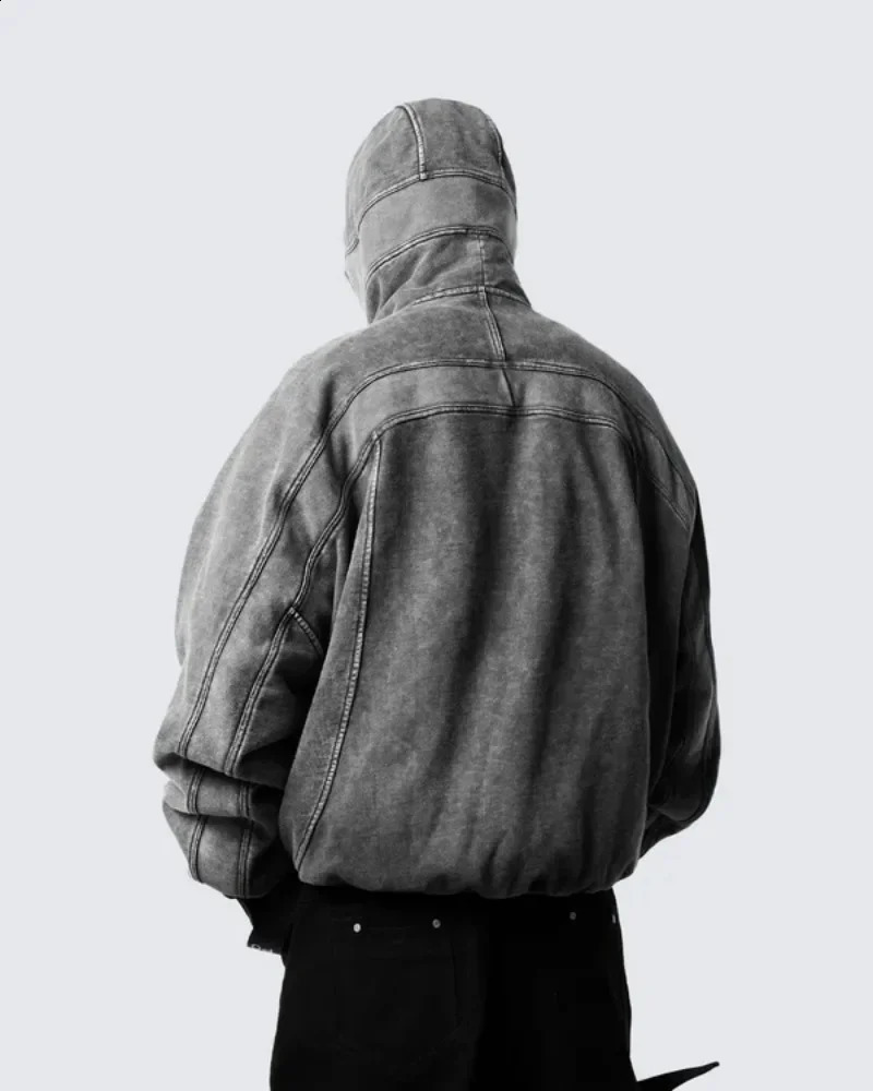 Classic Balaclava Hoodie Men Washed Gray Ninja Pullover Sweatshirt Hip Hop Splicing Y2k Vintage Winter Streetwear Couple Tops 241230