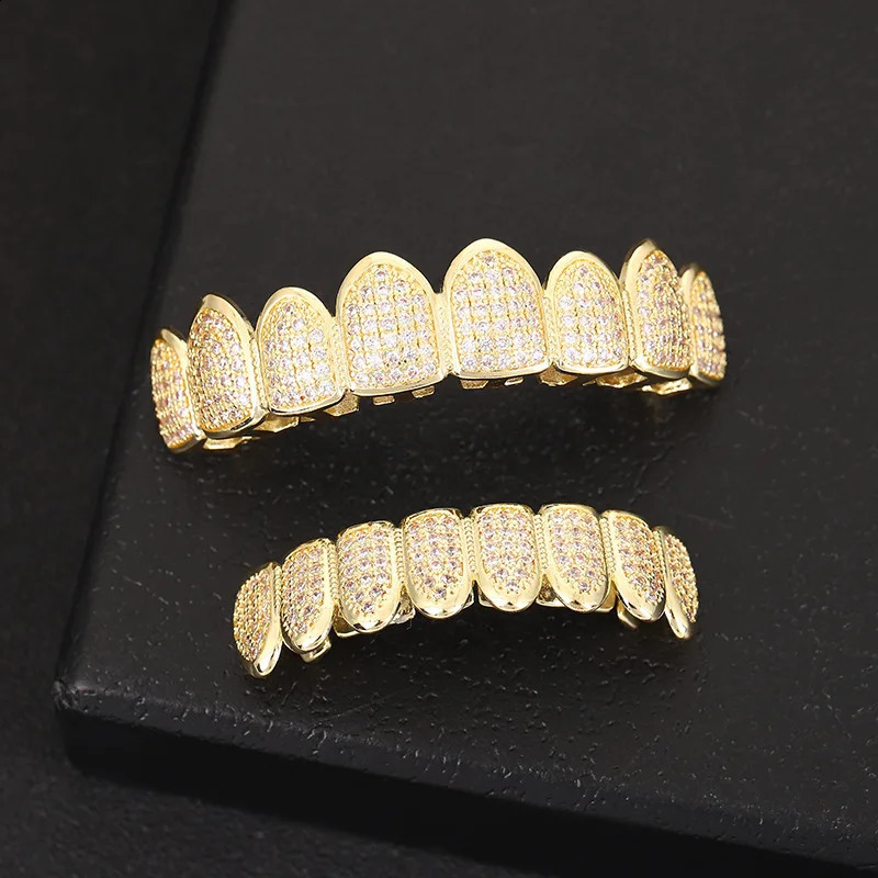 HipHop CZ 8 Teeth Set For Unisex Top Bottom Mouth Gold Silver Color Teeth Tooth Cap Removable Dental Fashion Jewelry 241226