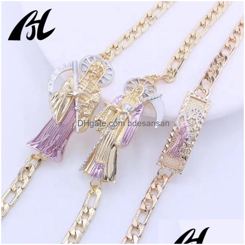 Chains Men Pulseras Oro Laminado 14K 18K 23cm Gold Plated Religious Jewelry Holy Death Santa Muerte Bracelet Charms Wholesale Drop Delive Dhrqk