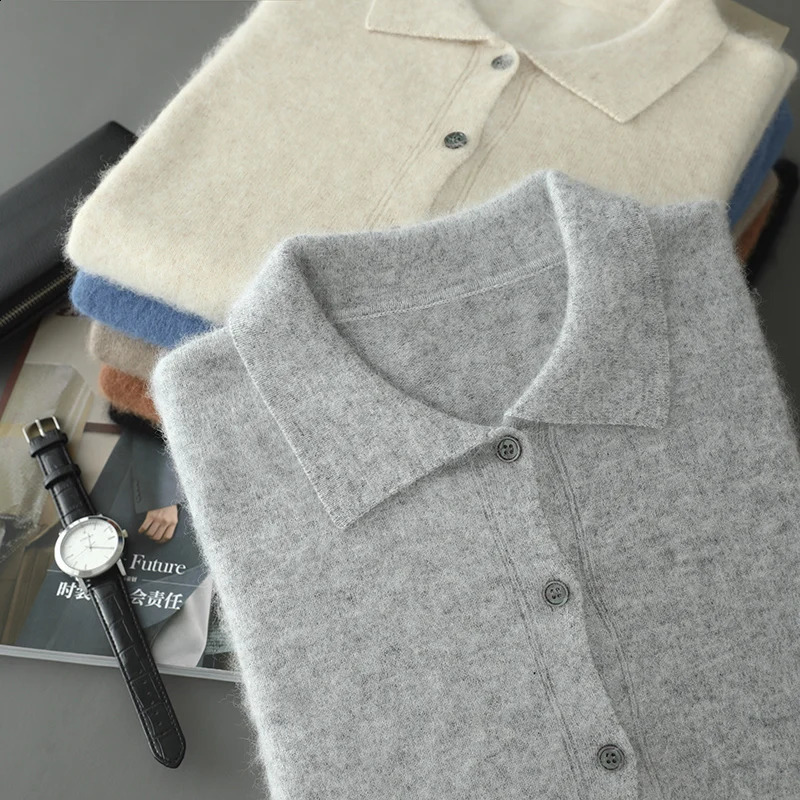 100% Pure Mink Cashmere Sweater Mens POLO Collar Wears Thick Button-Down Lapels And Solid Color Casual Knitted Bottoming Shirt 241230