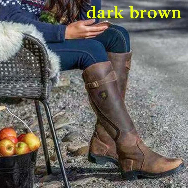 Women Winter Fashion Leather Low Heel Boots Zipper Knight Boots Vintage Outdoor Riding Boots Long Boots Knee High Boots 241231