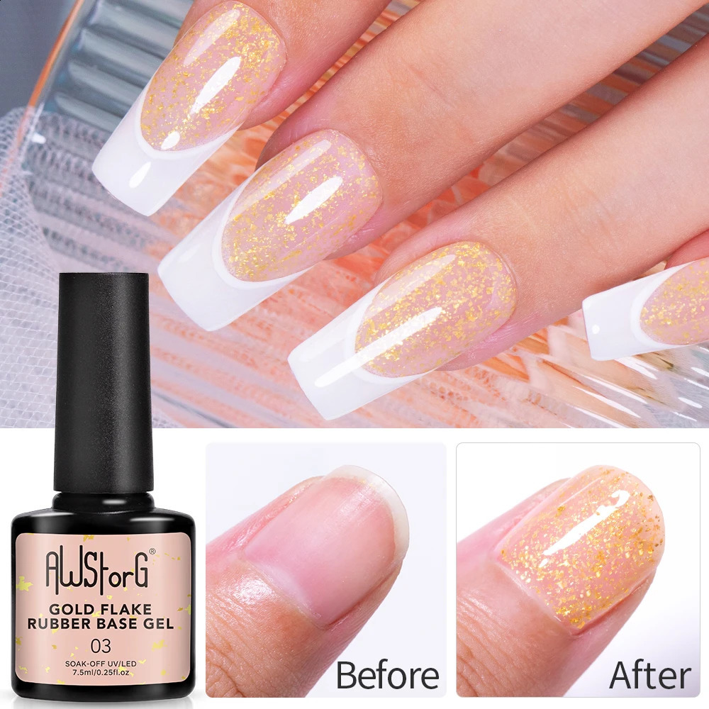 AWStorG 6Pcs/Set 7.5ML Gold Flake Glitter Rubber Base Gel Nail Polish Long Lasting Quick Extension Gel Nail Art UV Glue Builder 241230