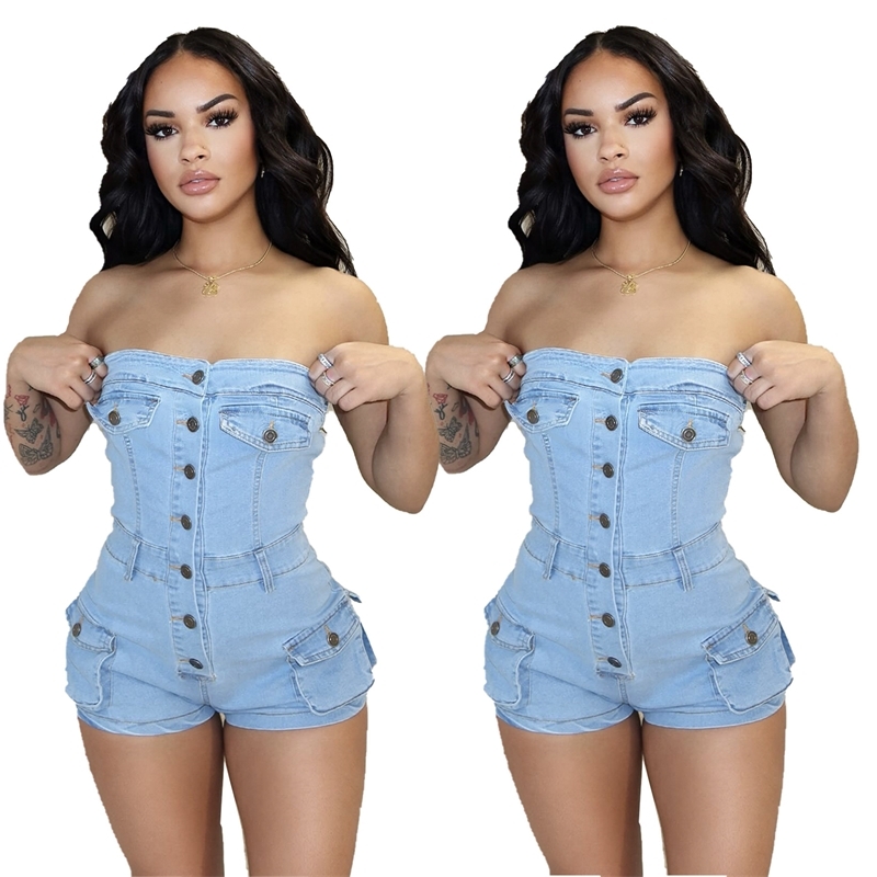 Women Jumpsuits Designer 2025 New Summer Denim Rompers Strapless Elastic Jumpsuit Shorts 2 Colours