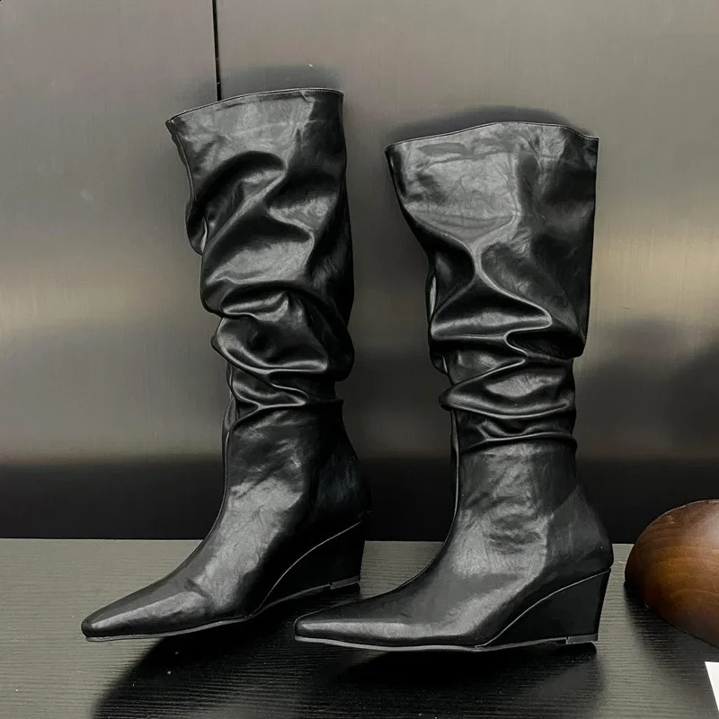 Eilyken Winter DENIM Pleated Pointed Toe Women Knee-High Boots Fashion Wedges High Heels Female Shoes 241231