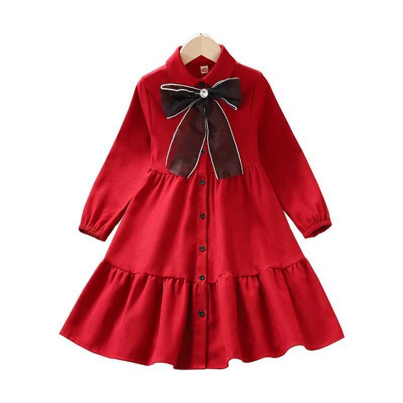 2024 Autumn Retro Bow and Crystal New Girl Princess Dress Cotton Youth Casual Laminated Clothing Baby Clothing Preschool 12 Years W241231