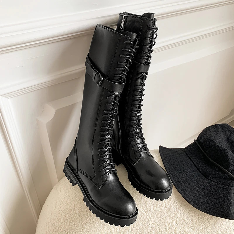 SKLFGXZY Winter Fur European Leather Women Boots Motorcycle Knee -High Boots Lace-up The Girls Long Womens Shoes 241231