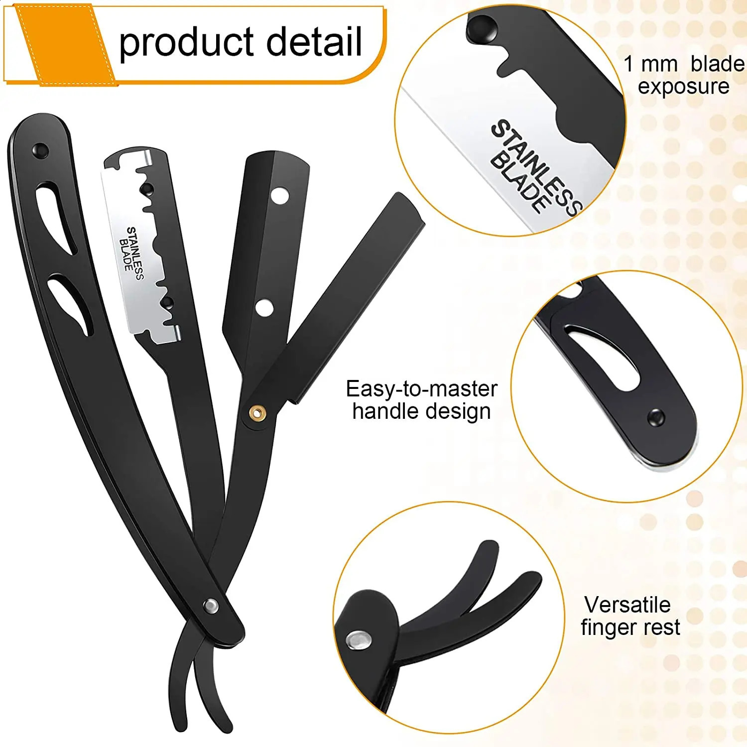 Straight Edge Barber Razor Replaceable Blades Haircut Beard Eyebrow Shaving Tool Manual Depilation Razor with Neck Duster Brush 241230