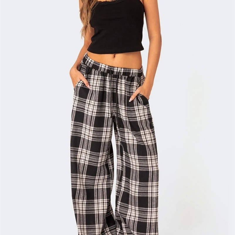 Mxiqqpltky Plaid Pants for Women Casual Pajama Elastic High Waist Wide Leg Cute Pj Bottoms 241228