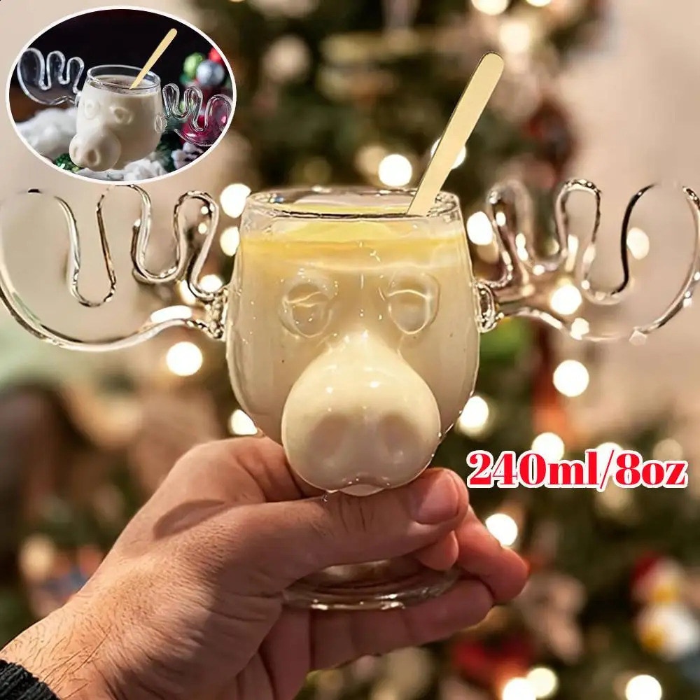240ml 8oz Christmas Vacation Moose Mug Christmas Reindeer Head Creative Elk Glass Wine Beer Water Juice Milk Glass 241231