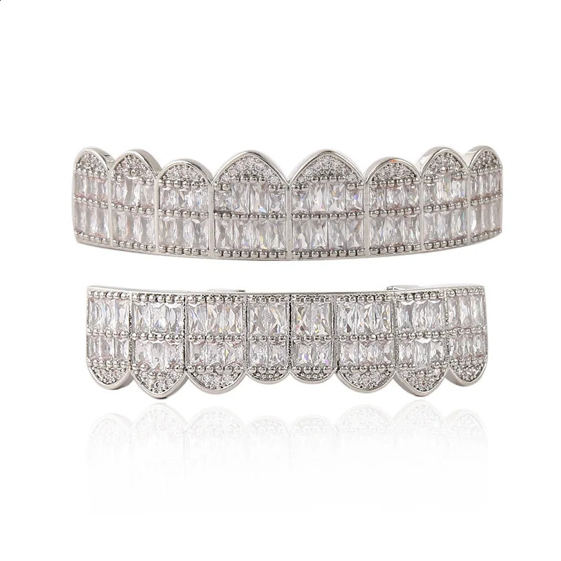 Hip Hop Full CZ Stones Long Teeth Caps Cubic Zircon Iced Out Micro Pave Top Bottom Charm Grills For Men Women Jewelry 241226