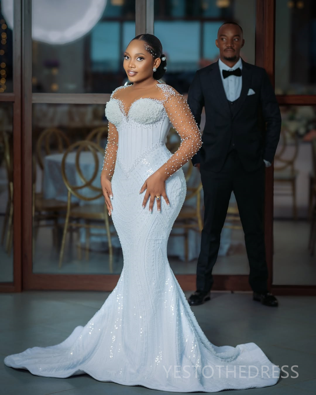2025 Two Ways Wedding Dresses Bridal Gowns For Bride Mermaid Marriage Dress Sheer Neck Long Sleeves Beaded Lace Detachable Train For Black Women D463