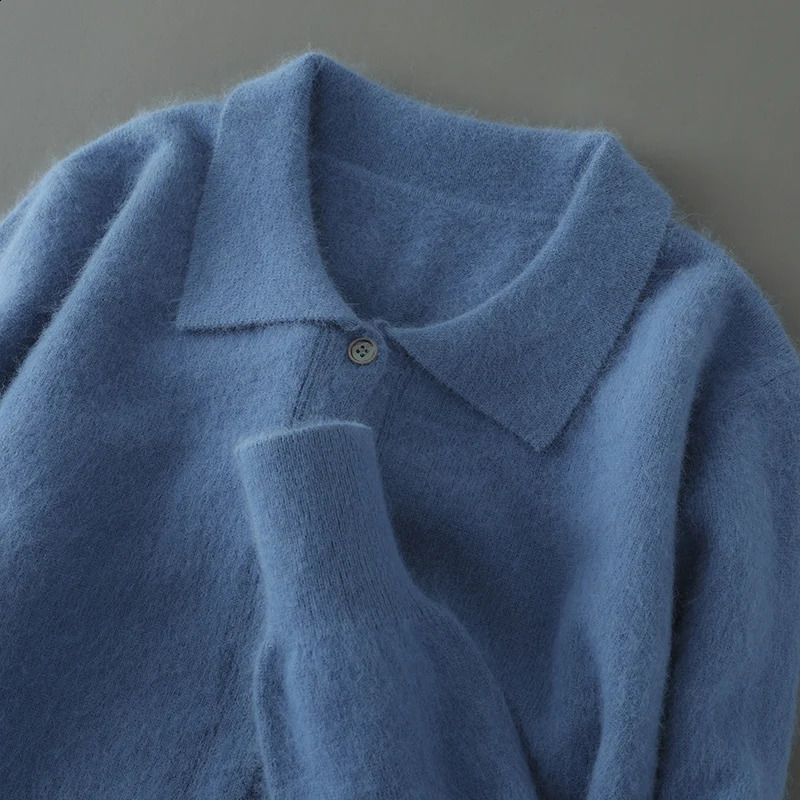 100% Pure Mink Cashmere Sweater Mens POLO Collar Wears Thick Button-Down Lapels And Solid Color Casual Knitted Bottoming Shirt 241230