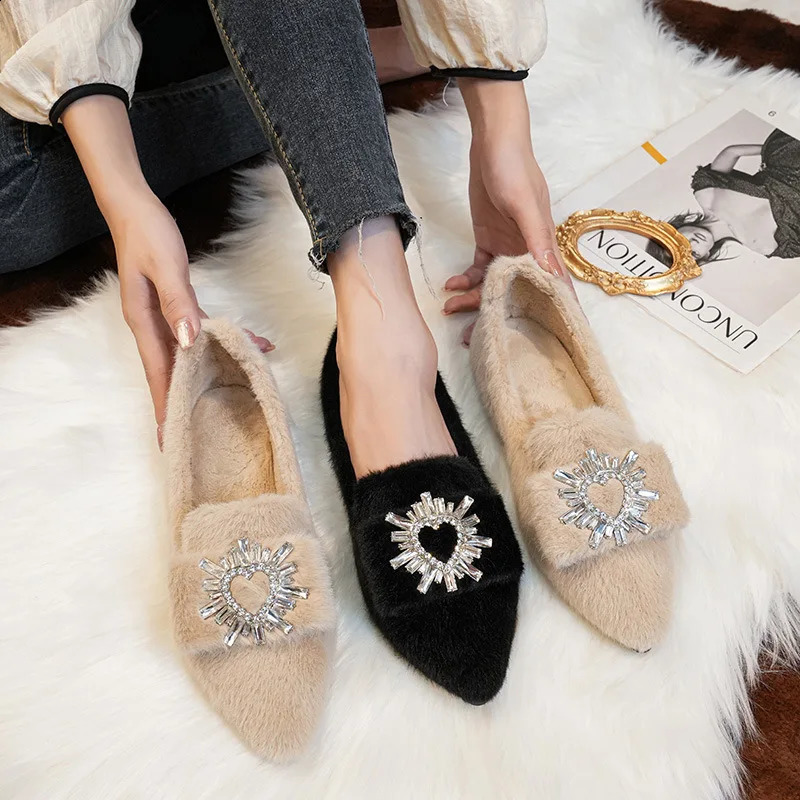 Shoes Woman Plush Fur Winter Cotton Wool Ballets Pointy Toe Boat Loafers Ladies Fluffuy Mink Furry Flats 241225