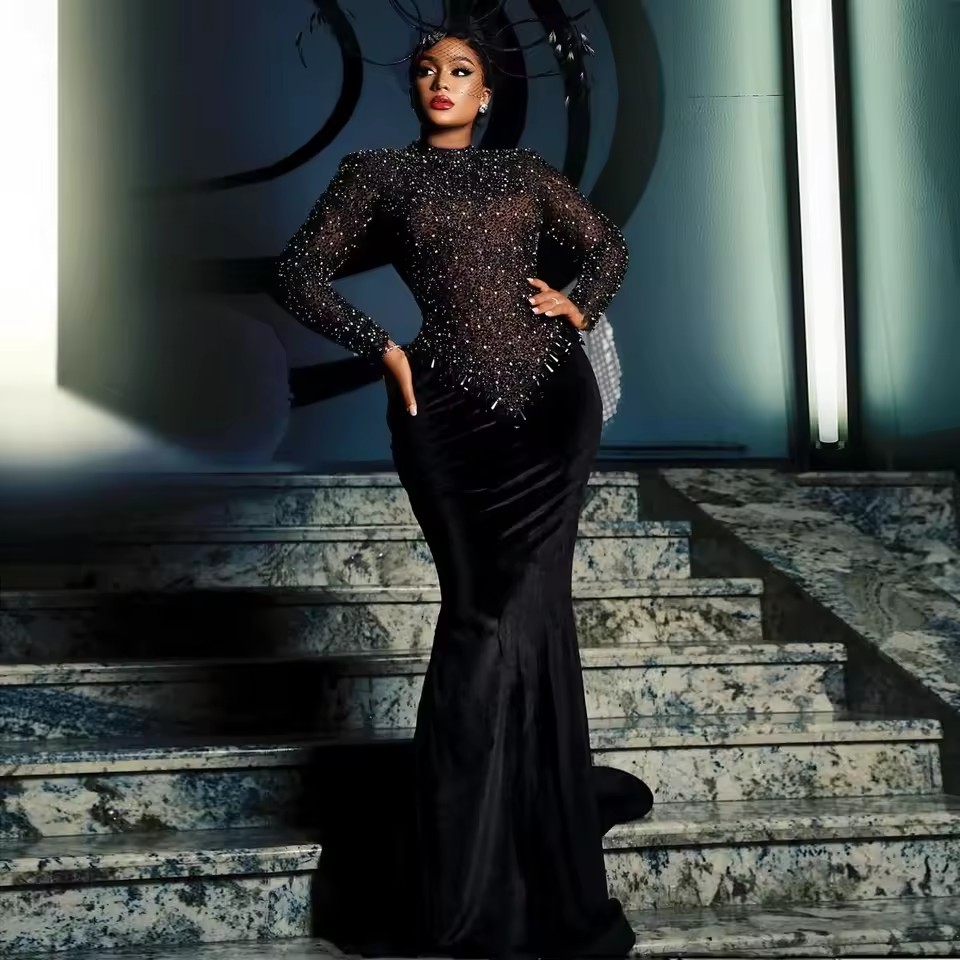 Classy Black Veet Birthday Dress Formal Ocn Aso Ebi Style Beaded Sequins Prom Party Gowns African Customized 0220
