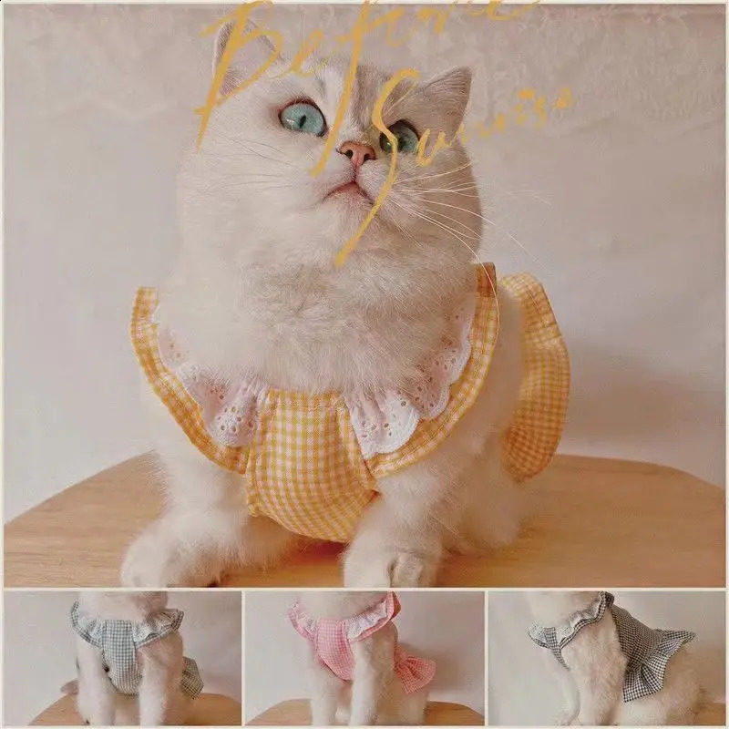 Spring Summer Little Flying Sleeves Cat Dress Checkered Pet Vest Skirt Dog Clothes Girl Heart Cat Clothes 241231