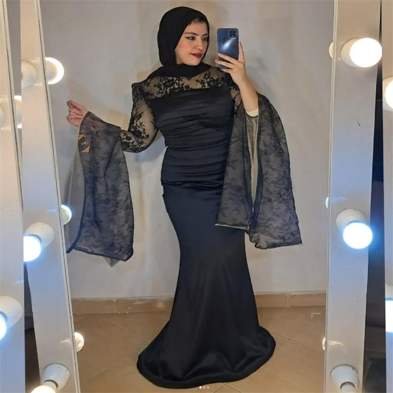 Luxury Saudi Arabic Evening Dress With Detachable Train 2 In 1 Black Mermaid Dubai Abaya Prom Dress Muslim Formal Tunisian Moroccan Dubai Turkey Maroc