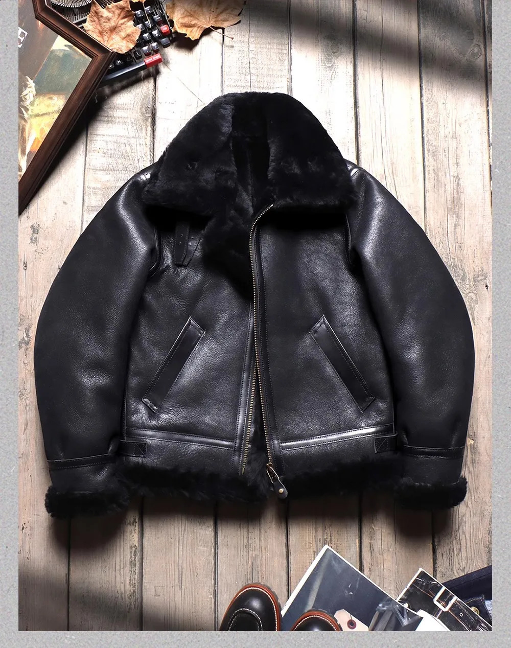 CC Shop. men thick fur jacket.Classic B3 Bomber winter warm wool coat.100% genuine leather natural shearling cloth 241230