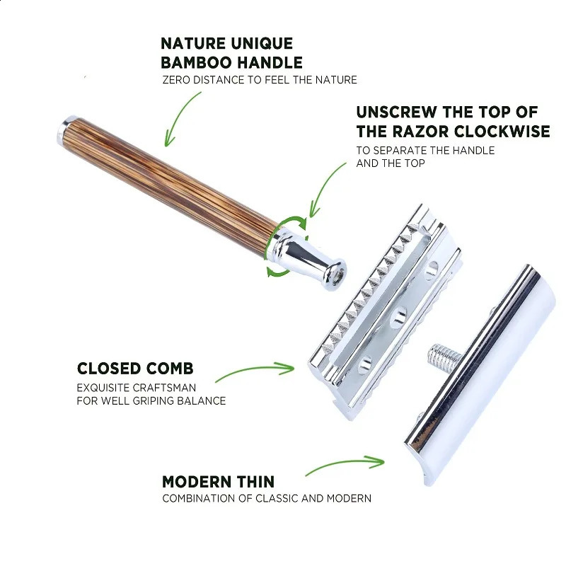 Vintage Shaver Stainless Steel Double Edge Safety Razor Set Shaving Tool Natural Bamboo Handle Manual Safety Razor Blade Shaver 241230